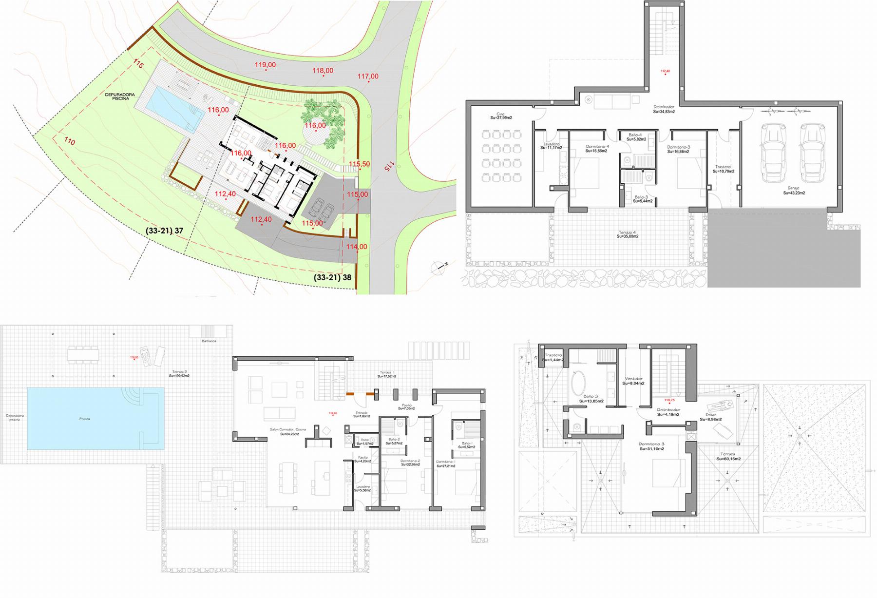 Site plan and architectural floor plans: left shows hillside site with pool, landscaping, and access road; right/top shows blueprinted house floors with rooms and garage.