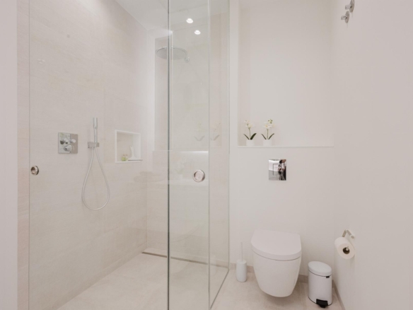 Modern white bathroom with a glass shower enclosure, wall-mounted shower and toilet, plus small potted orchids on a shelf.