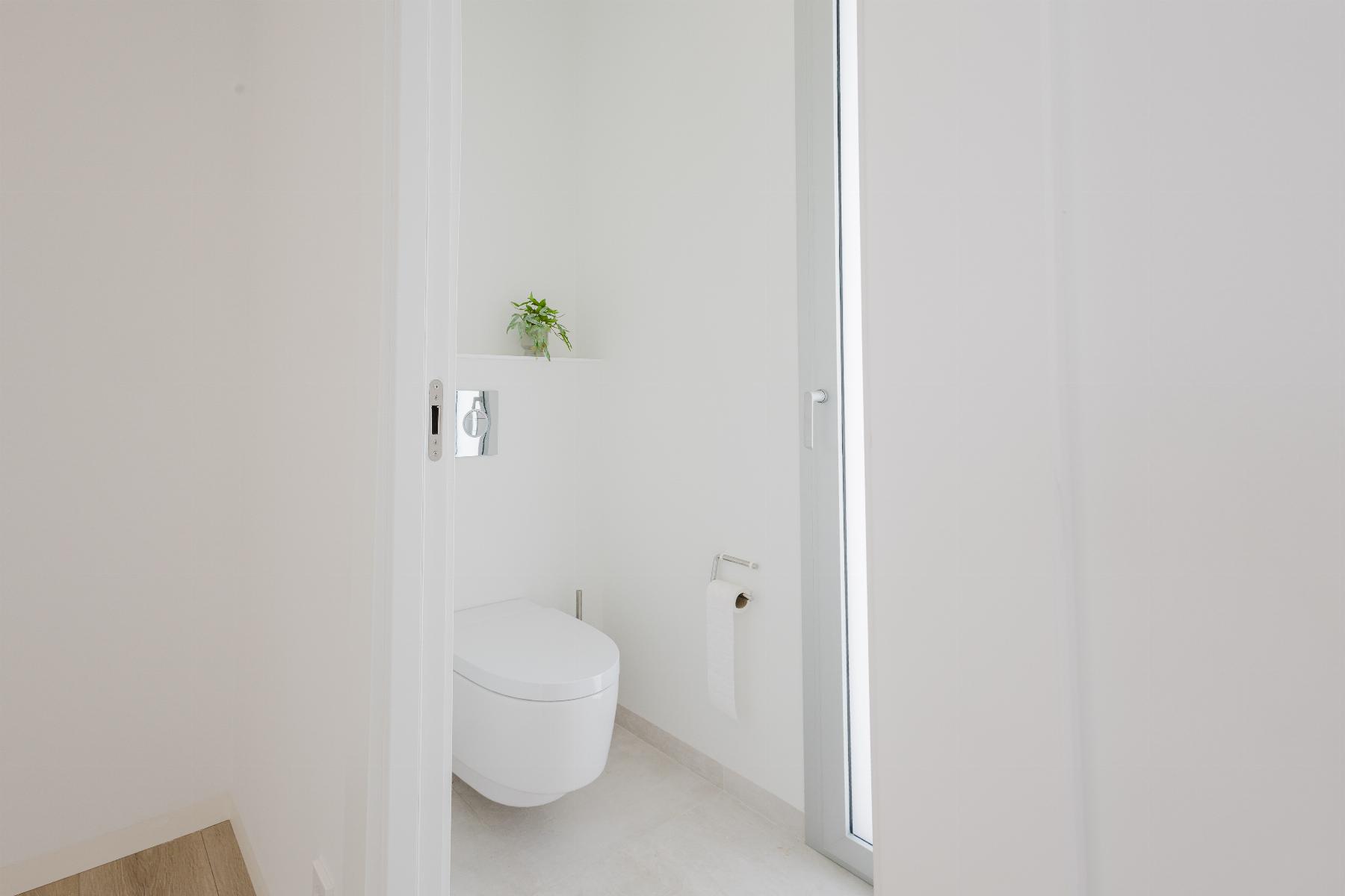 Minimalist white bathroom with a wall-mounted toilet, toilet paper holder, and a small green plant on a shelf in the corner.