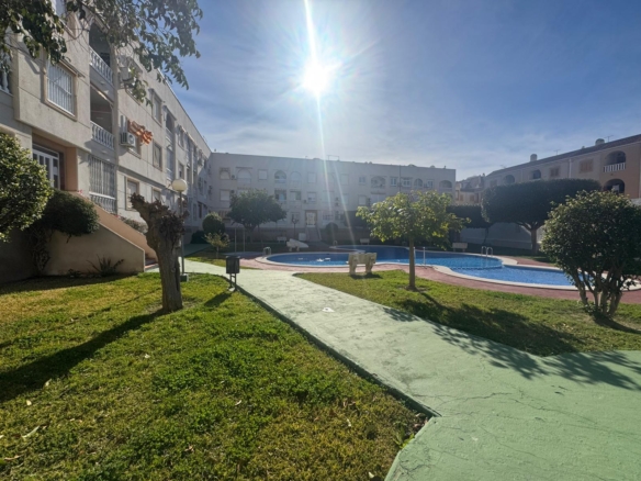 Sunny day in a residential courtyard with a curved blue pool, green lawn, and surrounding buildings; sun glare in the sky.