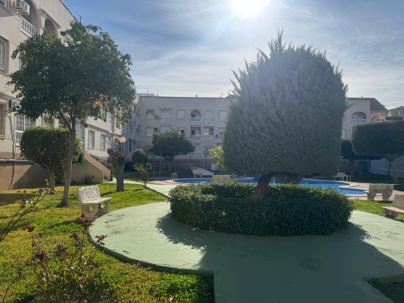 Sunny apartment courtyard featuring a circular hedge island, trimmed trees, benches, and a small round pool with pastel buildings in the background.