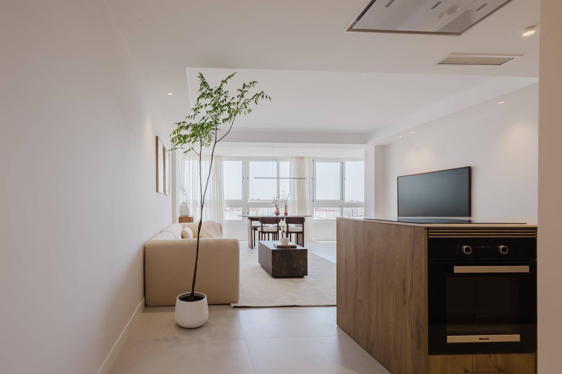 Bright minimalist living room with a tall potted plant, beige sofa, dining area by large windows, and a built-in oven.