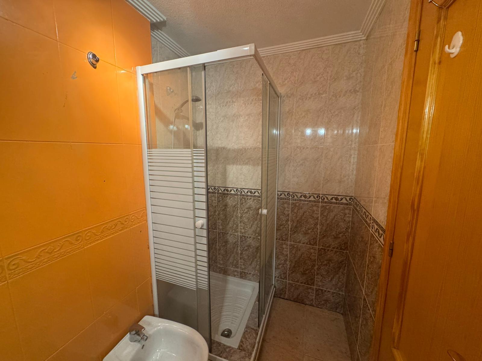 Small bathroom with a corner glass shower enclosure, orange tiled wall on the left, and a wooden door on the right; sink visible at the bottom left.
