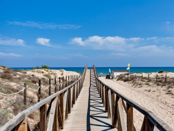 Wooden boardwalk stretching over sandy dunes toward a blue ocean under a clear sky as far as the eye can see.