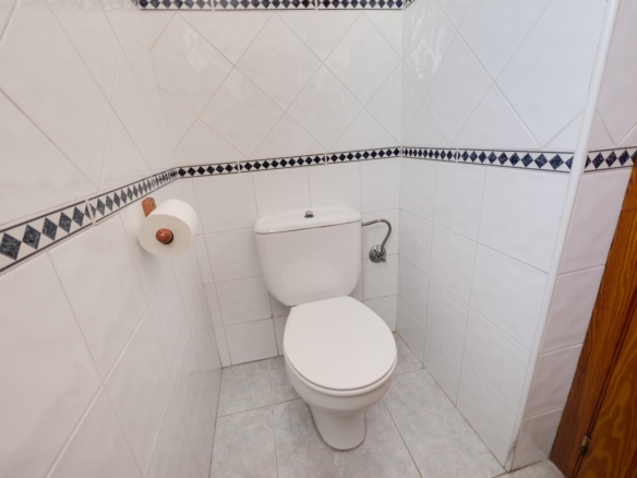 Small white-tiled bathroom with a modern toilet and a roll of toilet paper on the wall-mounted holder, blue diamond tile border, wooden door on the right.