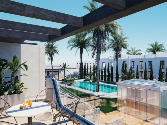 Sunny outdoor pool area at a modern resort with palm trees, glass railings, and a terrace with seating and a drinks table.