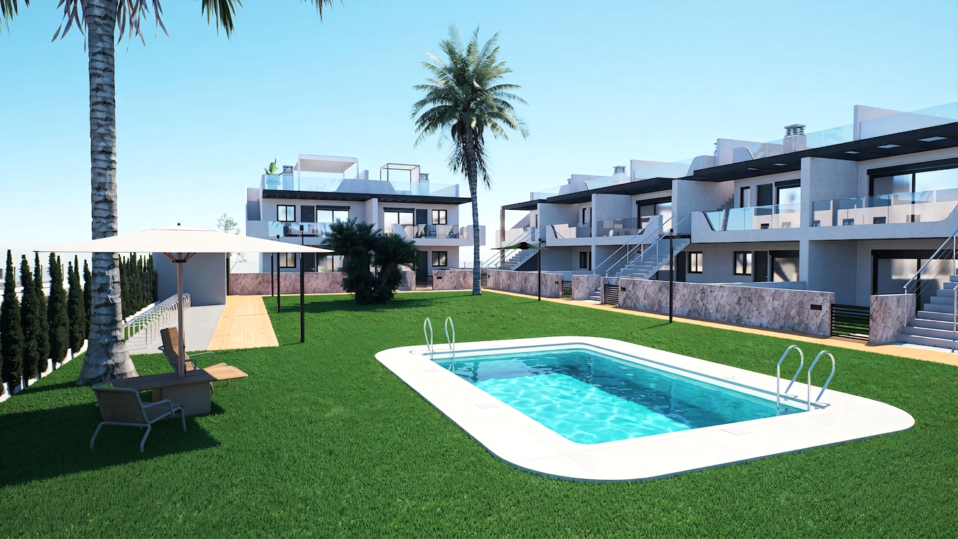 Outdoor courtyard of a modern apartment complex with a rectangular pool, green lawn, palm trees, and lounge chairs under umbrellas,