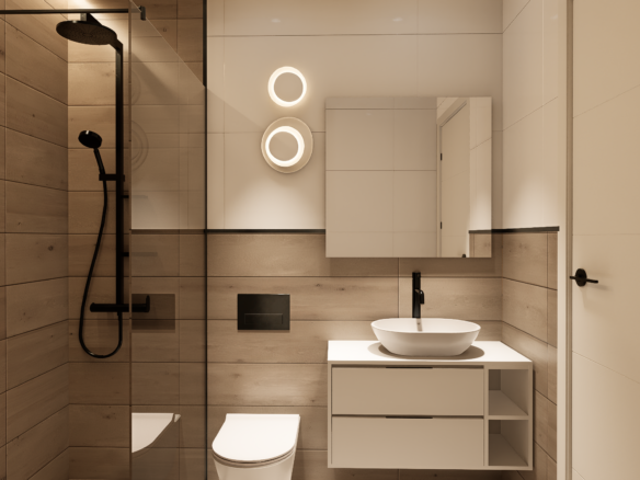Modern bathroom with a glass shower enclosure, wall-mounted circular vanity lights, and a white vessel sink on a floating vanity