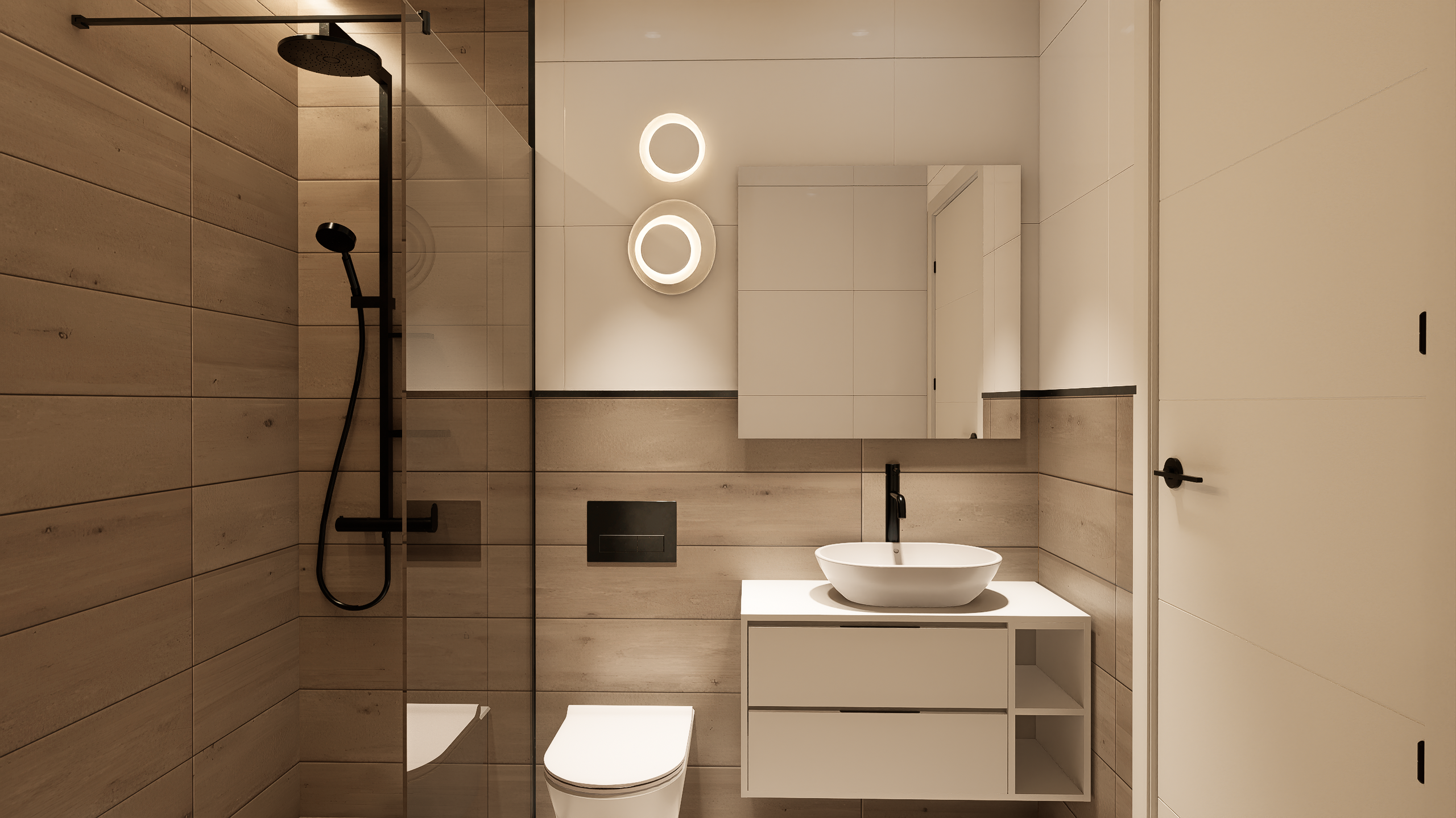 Modern bathroom with a glass shower enclosure, wall-mounted circular vanity lights, and a white vessel sink on a floating vanity