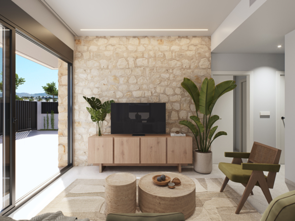 Woonkamer met mooie stenen afwerking in nieuwbouw villa Santa Rosalía