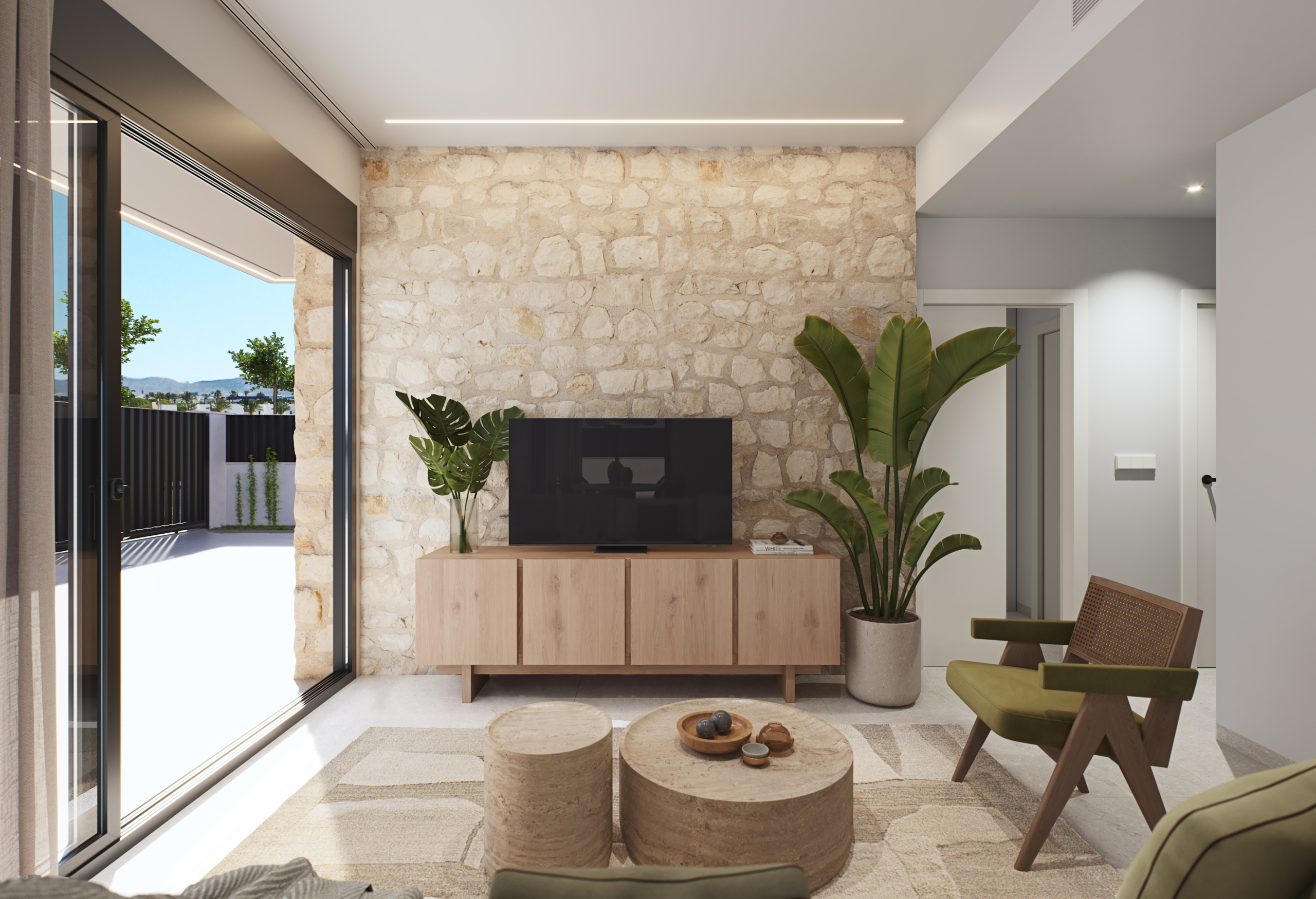 Woonkamer met mooie stenen afwerking in nieuwbouw villa Santa Rosalía