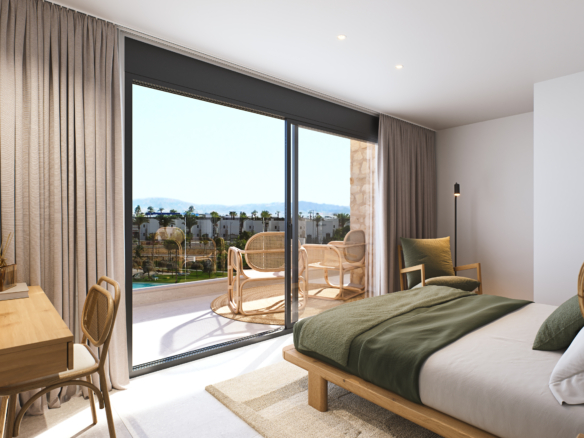 slaapkamer in luxe villa Santa Rosalía Murcia met uitzicht op het meer