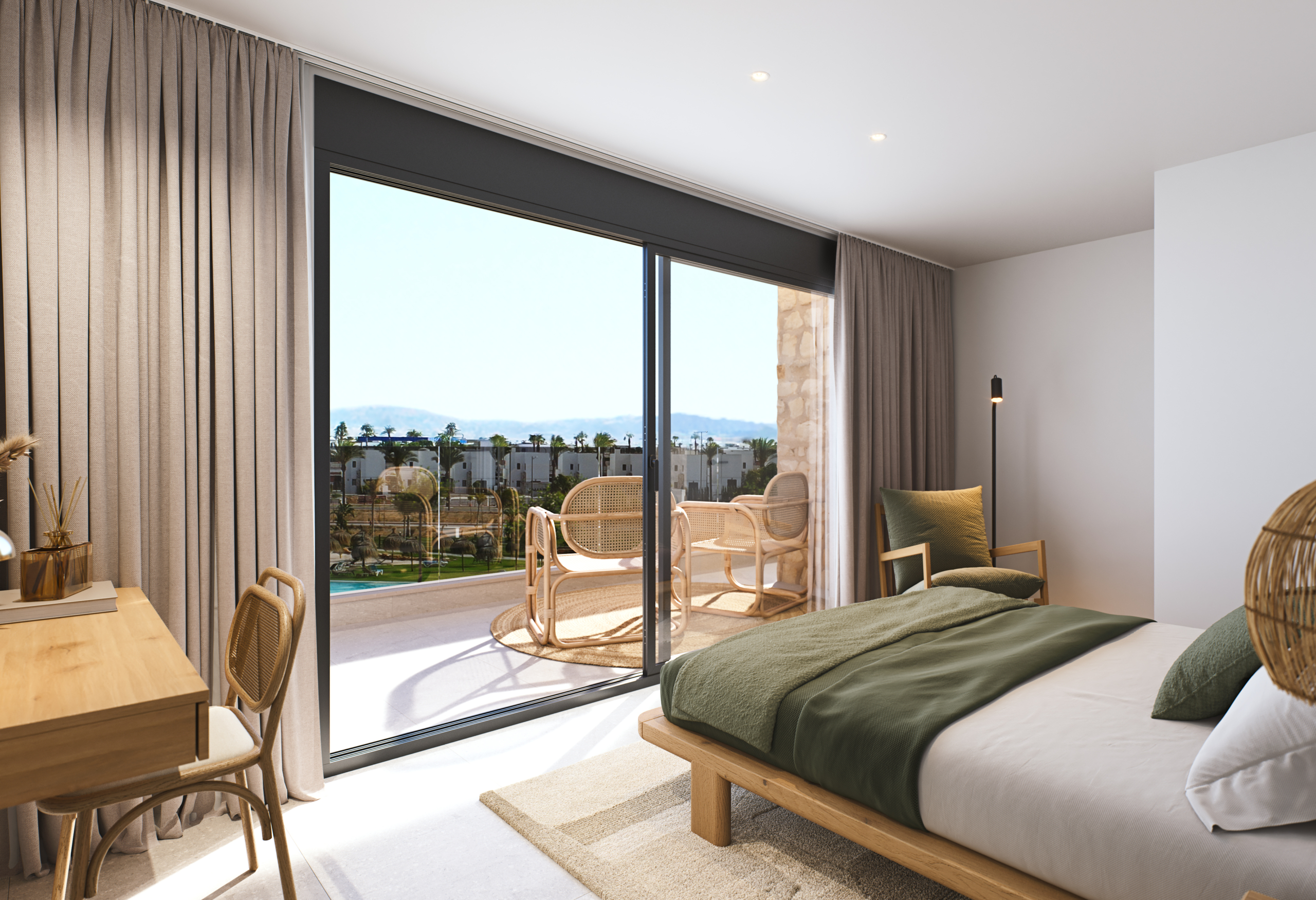 slaapkamer in luxe villa Santa Rosalía Murcia met uitzicht op het meer