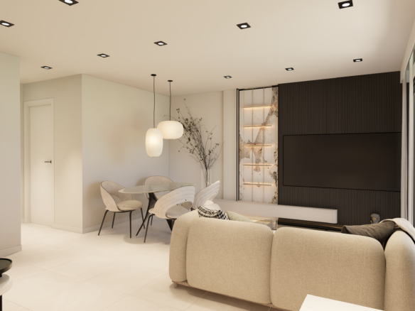 Open-plan living area with beige sectional sofa, glass dining table, and two pendant lights in a bright, modern room.