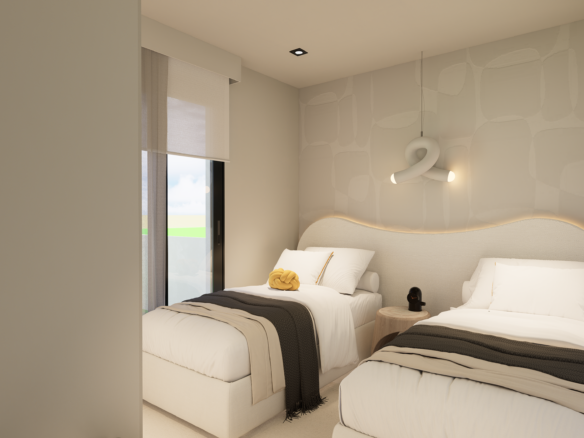 Two single beds in a neutral hotel room with a curved headboard and soft ambient lighting