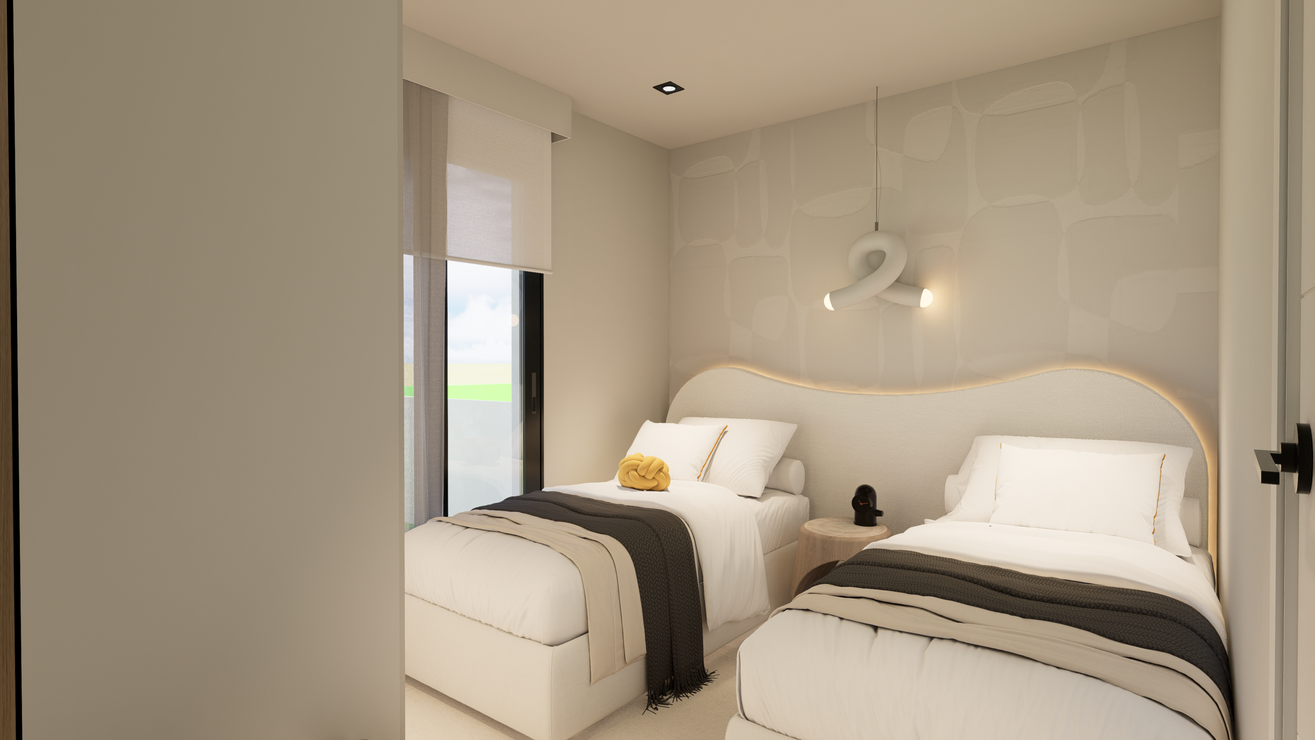 Two single beds in a neutral hotel room with a curved headboard and soft ambient lighting