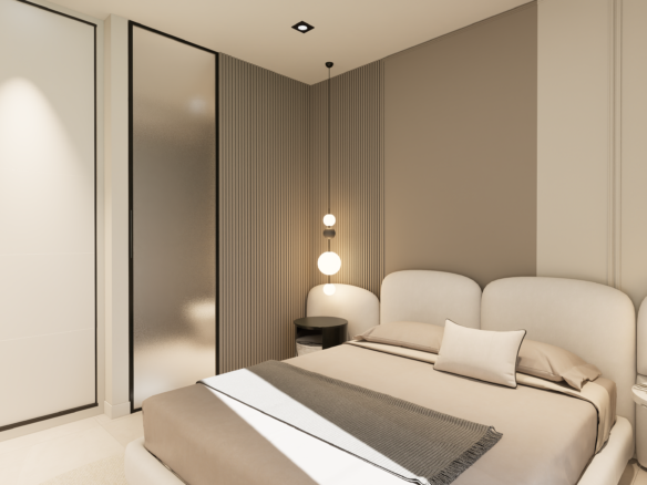 Modern beige bedroom with an upholstered bed, striped throw, and pendant globe lights along a wood-paneled wall.