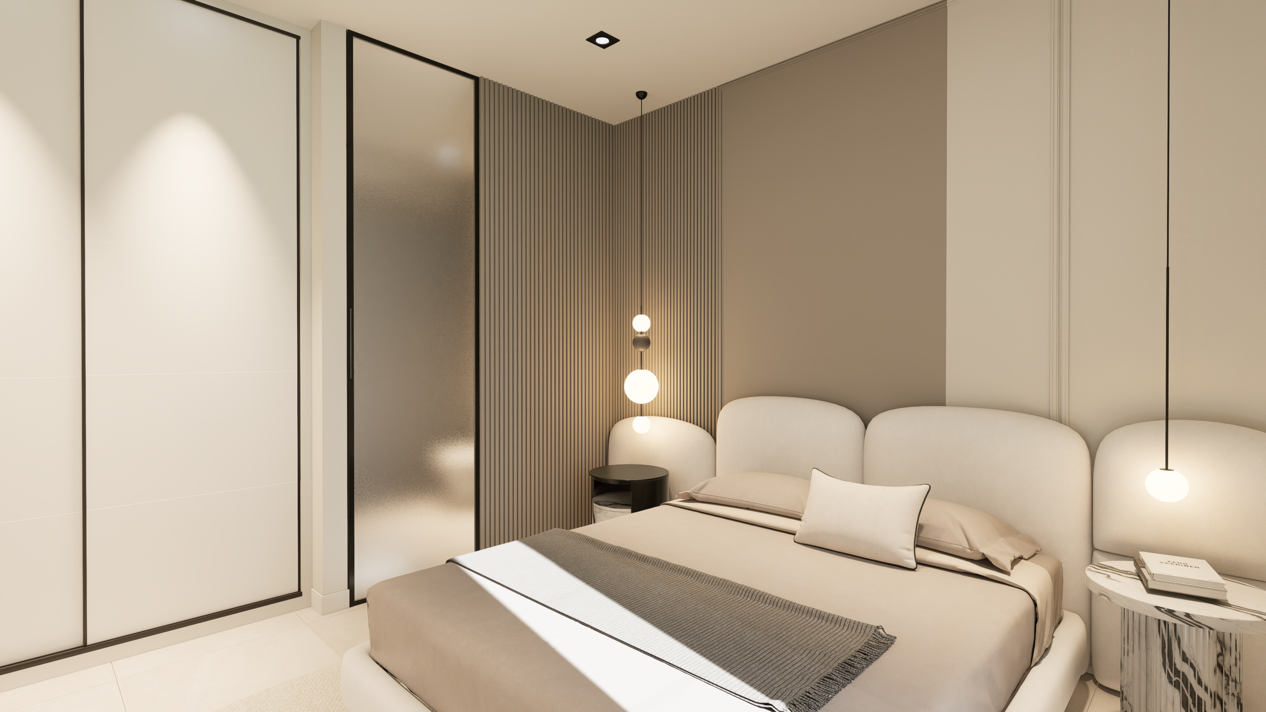 Modern beige bedroom with an upholstered bed, striped throw, and pendant globe lights along a wood-paneled wall.