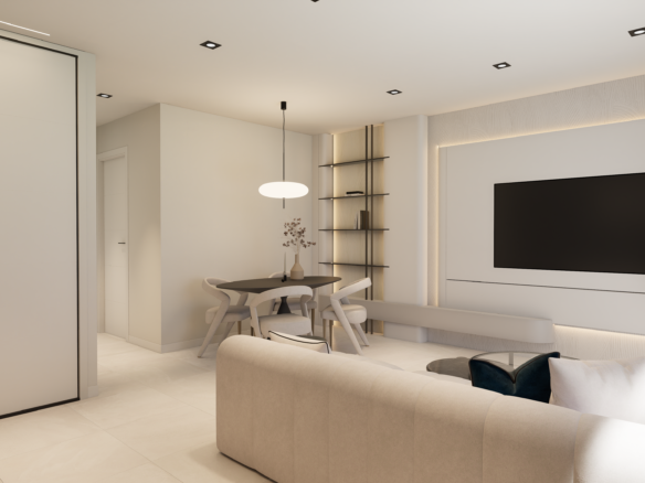 Moderne woonkamer met open keuken in Spaanse nieuwbouwwoning