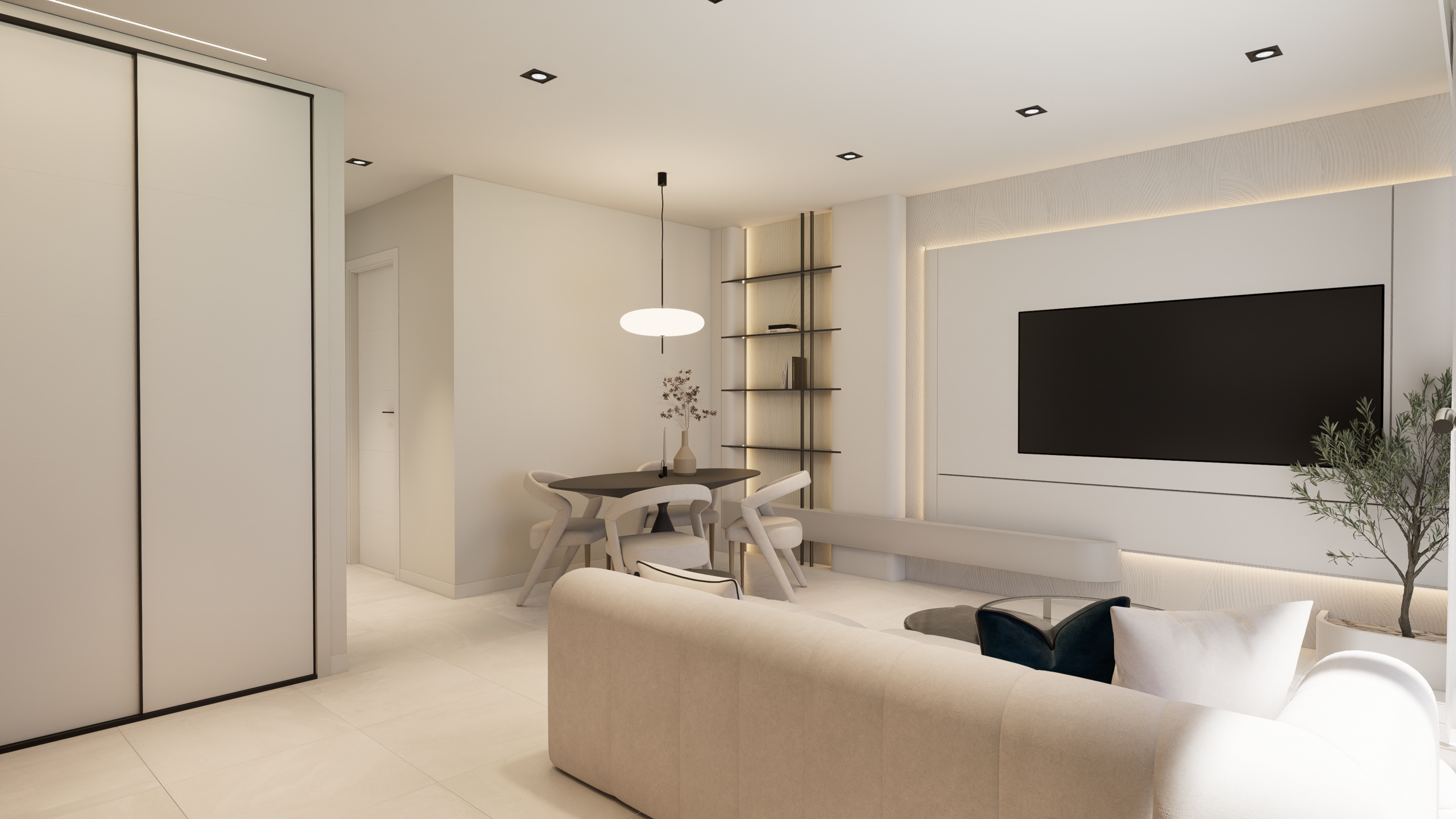 Moderne woonkamer met open keuken in Spaanse nieuwbouwwoning