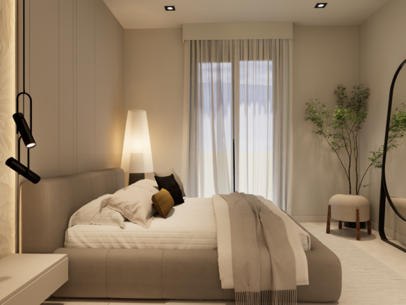 Modern beige bedroom with an upholstered platform bed, neutral bedding, and black reading lights mounted on the wall beside the headboard; a tall white floor lamp near the window; sheer curtains over a large window; a tall oval mirror and green potted plants in the corner; soft ambient lighting creating a warm, relaxing atmosphere.