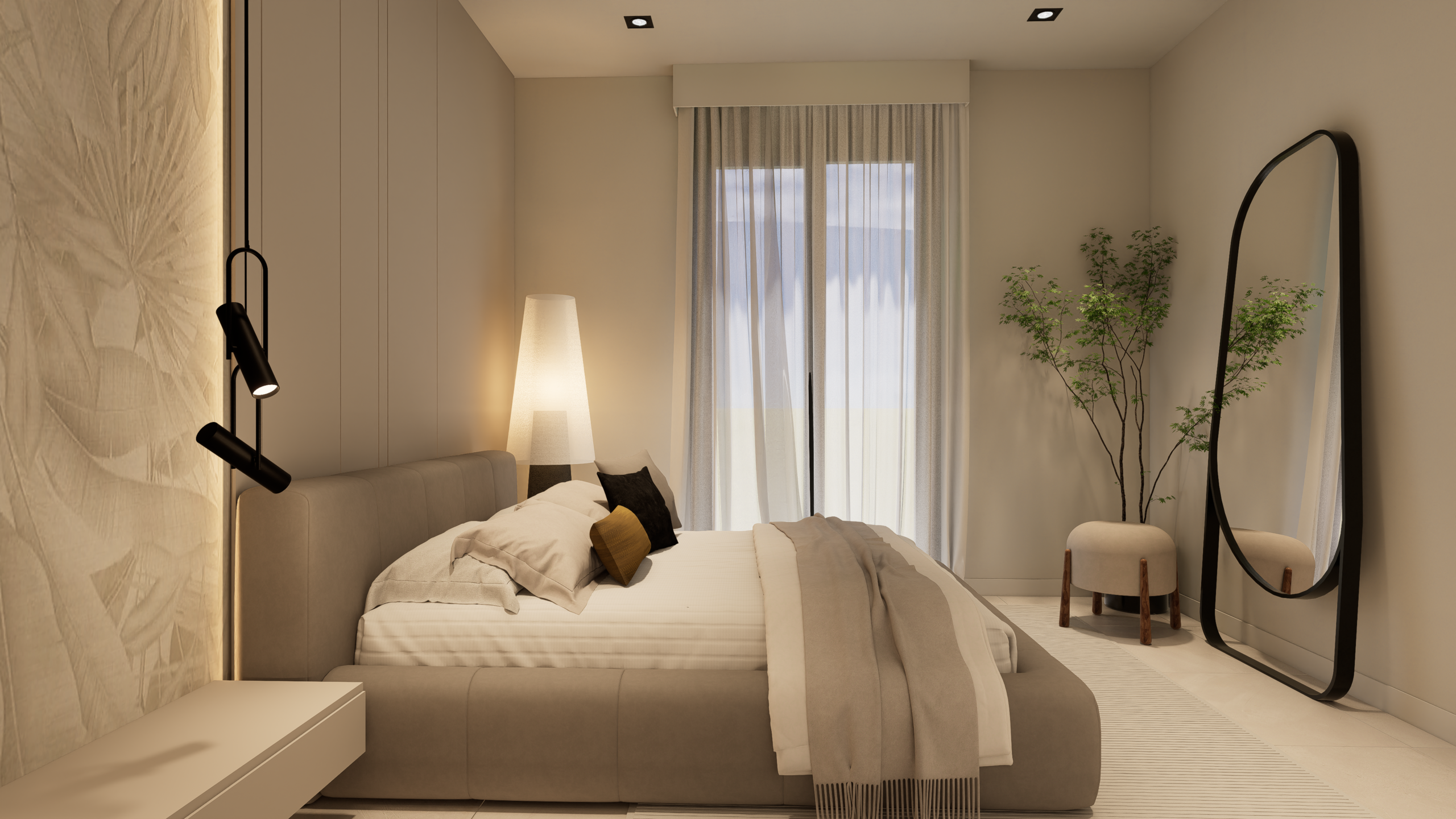 Modern beige bedroom with an upholstered platform bed, neutral bedding, and black reading lights mounted on the wall beside the headboard; a tall white floor lamp near the window; sheer curtains over a large window; a tall oval mirror and green potted plants in the corner; soft ambient lighting creating a warm, relaxing atmosphere.