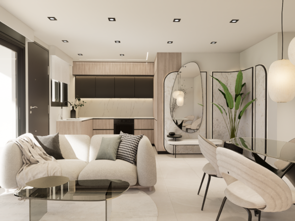Open-plan living area with a beige sofa, glass coffee table, and a modern kitchen featuring wood cabinets and a marble backsplash.