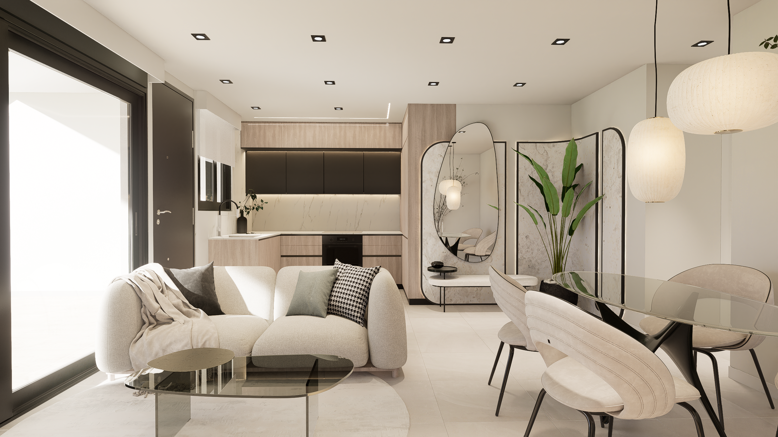 Open-plan living area with a beige sofa, glass coffee table, and a modern kitchen featuring wood cabinets and a marble backsplash.