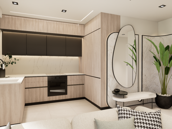 Modern kitchen with light wood cabinets, black upper cabinets, white countertop, and a marble backsplash in an open living space.