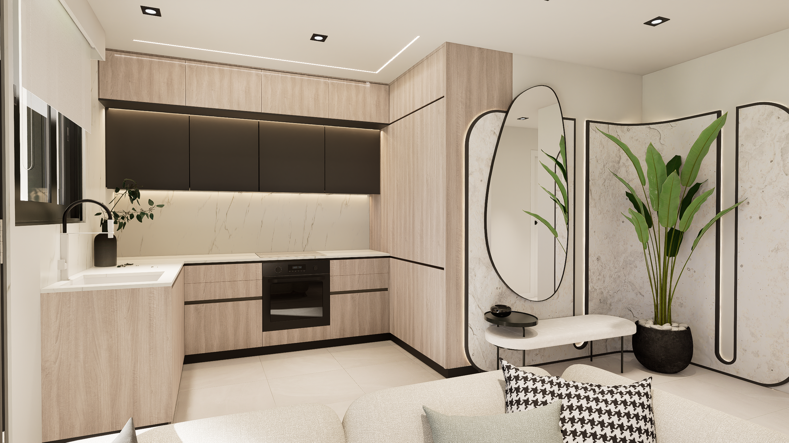 Modern kitchen with light wood cabinets, black upper cabinets, white countertop, and a marble backsplash in an open living space.