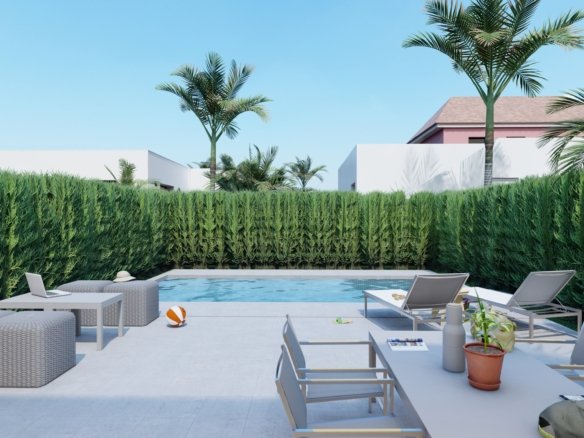 uitzicht in de tuin vanuit de woonruimte van villa aan de mar menor