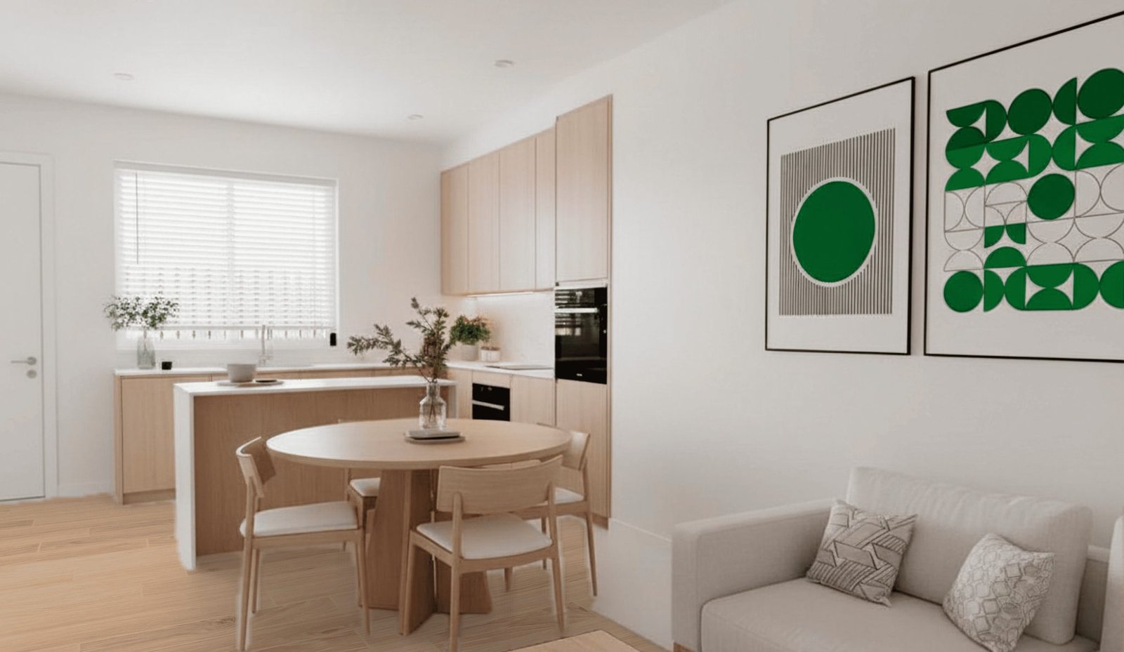 Open keuken met kookeiland en eethoek in modern appartement in Los Alcázares