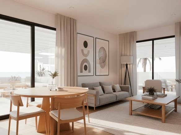 Zonnige woonkamer met groot terras in nieuwbouwappartement in Los Alcázares