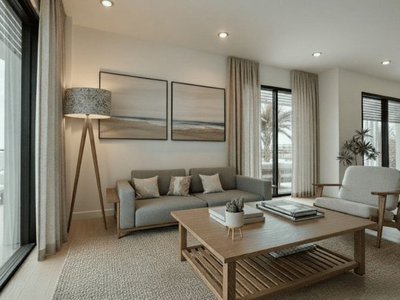 Moderne woonkamer met grote ramen en toegang tot het terras