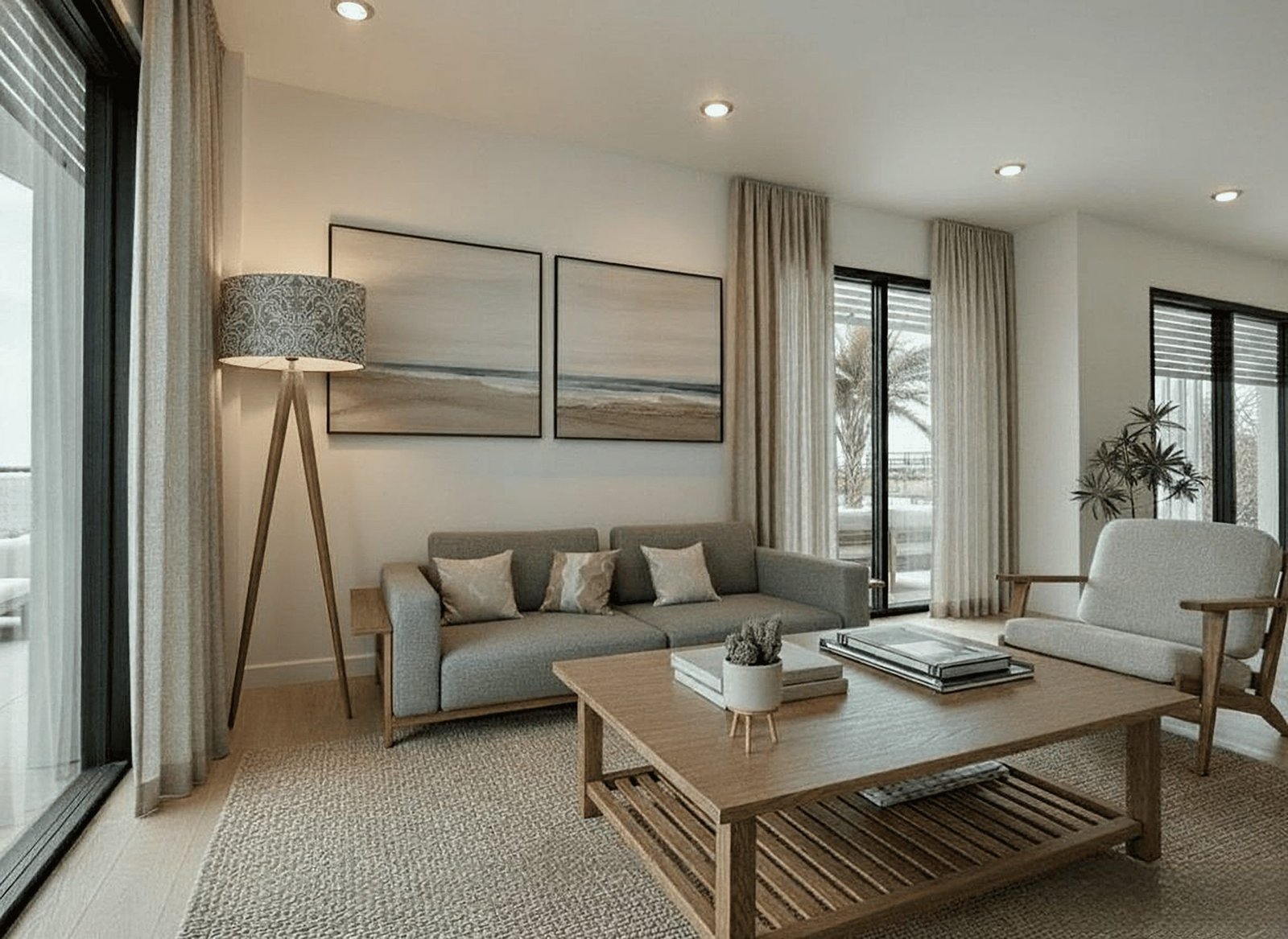 Moderne woonkamer met grote ramen en toegang tot het terras