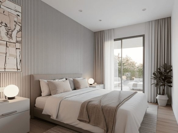 Moderne slaapkamer met directe toegang tot het terras in Los Alcázares
