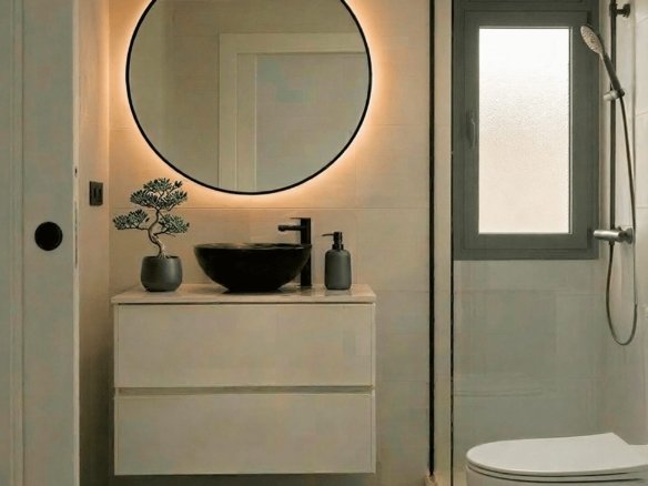Compacte moderne badkamer met regendouche en verlichte spiegel