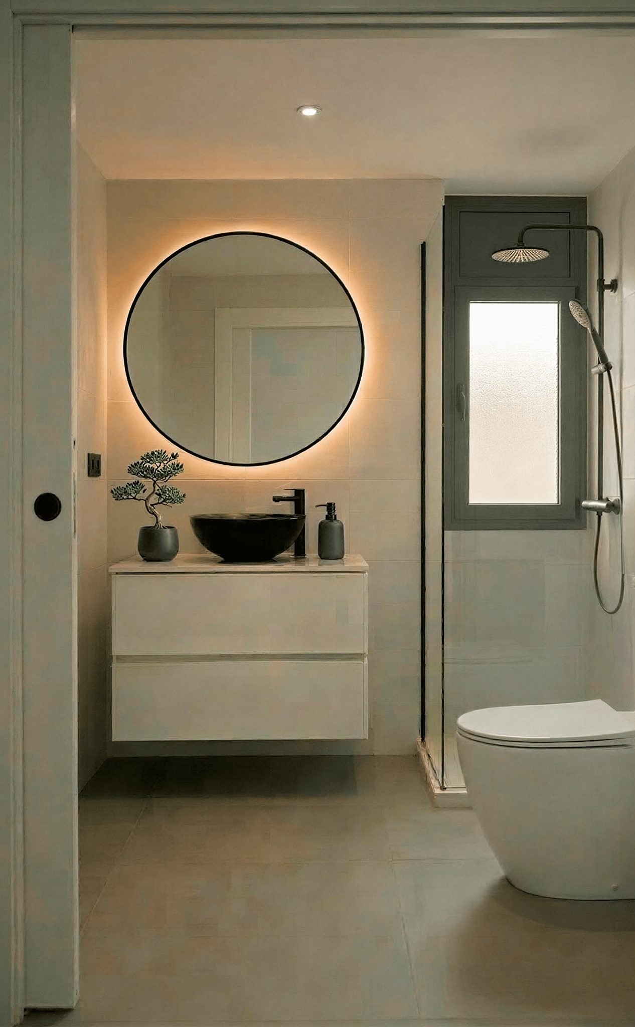 Compacte moderne badkamer met regendouche en verlichte spiegel