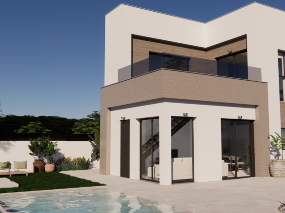 Moderne nieuwbouwvilla met grote raampartijen, balkon, tuin en privézwembad in Vistabella Golf.