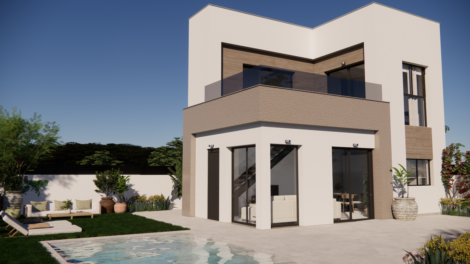 Moderne nieuwbouwvilla met grote raampartijen, balkon, tuin en privézwembad in Vistabella Golf.