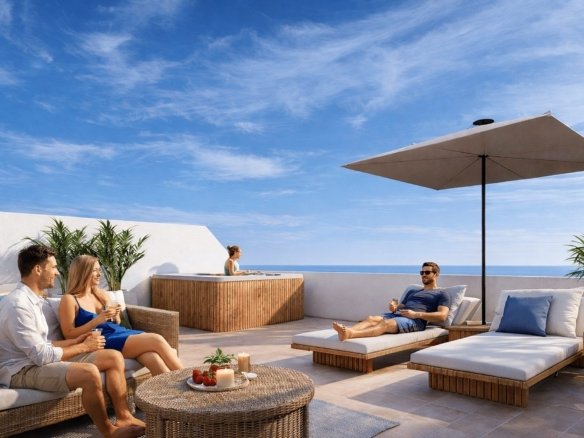 Privé-solarium met loungegedeelte en uitzicht op de Mar Menor
