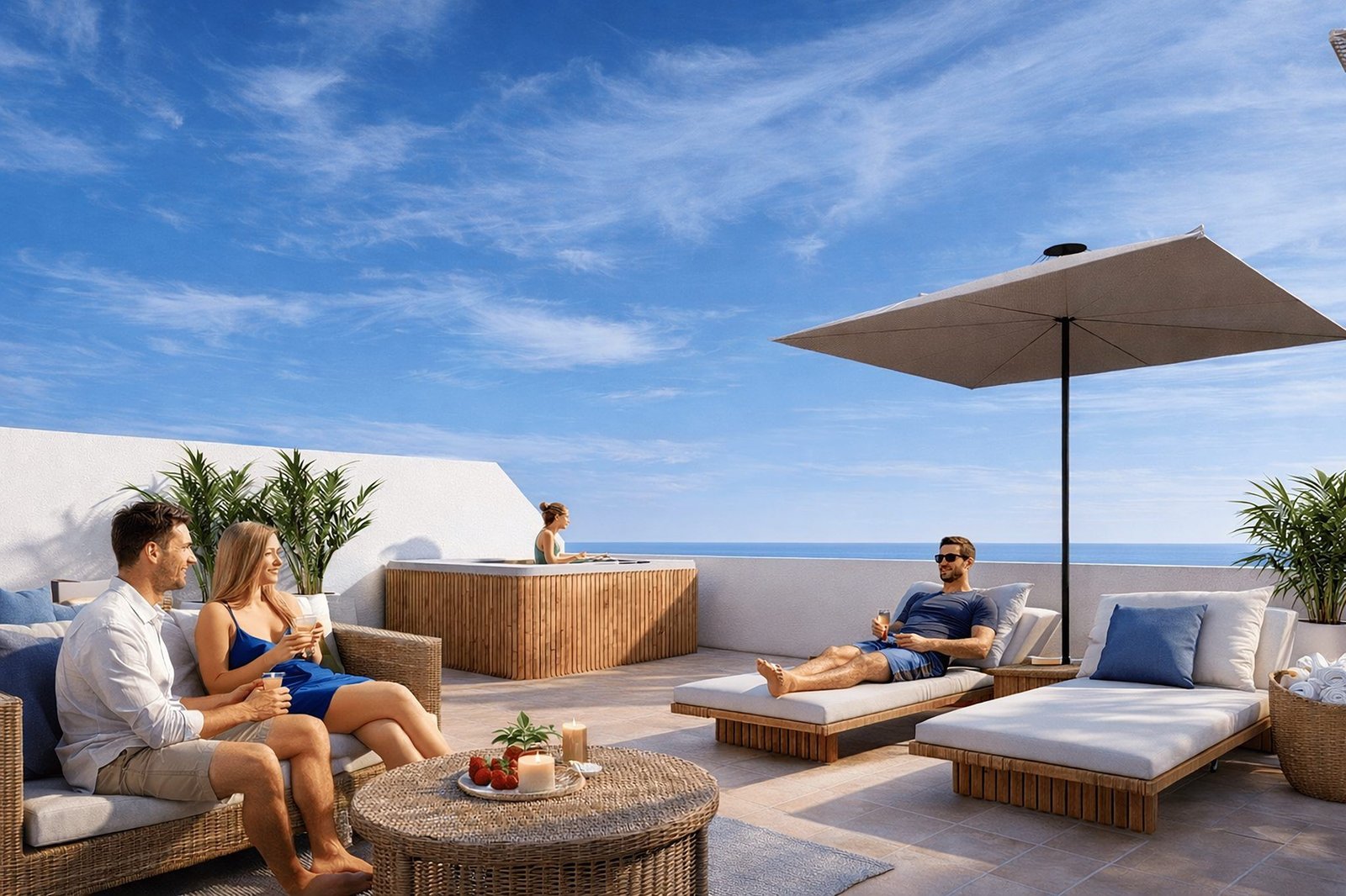 Privé-solarium met loungegedeelte en uitzicht op de Mar Menor