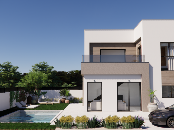 Zijaanzicht van een vrijstaande villa in Vistabella Golf met zwembad, zonneterras en oprit op eigen terrein.