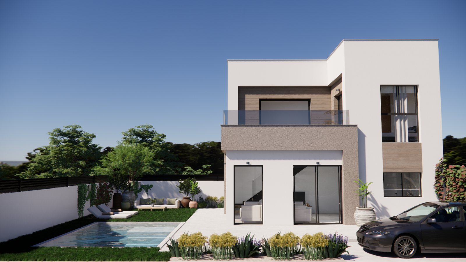 Zijaanzicht van een vrijstaande villa in Vistabella Golf met zwembad, zonneterras en oprit op eigen terrein.