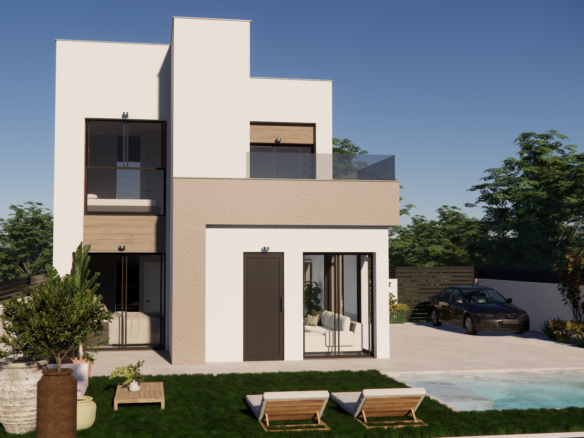 Vooraanzicht van witte villa met glazen balkon, groene tuin, ligbedden en privézwembad aan de Costa Blanca.