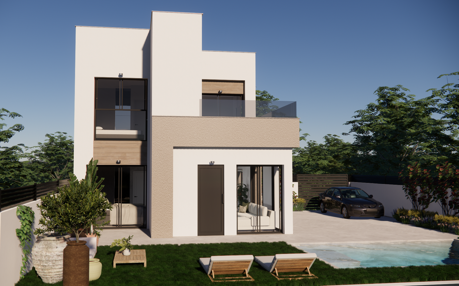 Vooraanzicht van witte villa met glazen balkon, groene tuin, ligbedden en privézwembad aan de Costa Blanca.