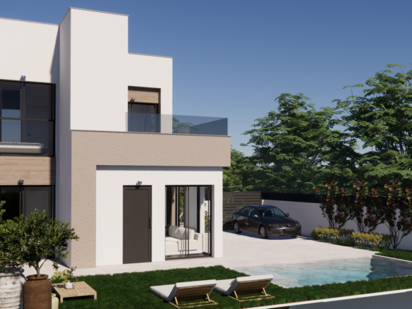 Schuin aanzicht van nieuwbouwvilla met mediterrane tuin, privézwembad, terras en parkeerplaats.
