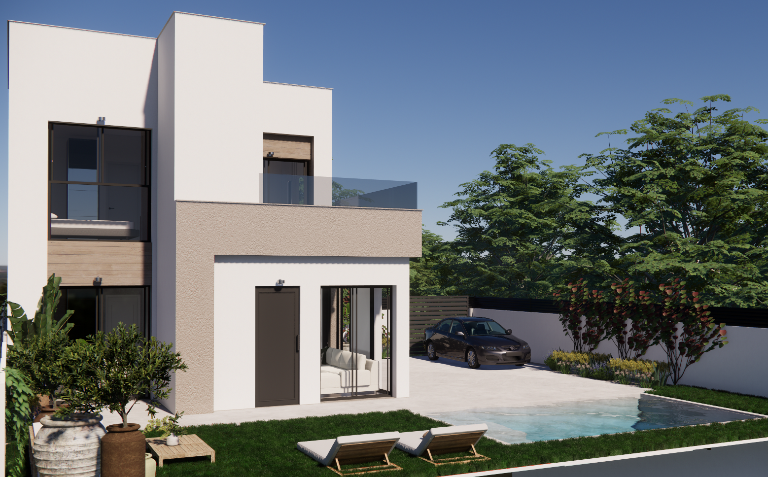 Schuin aanzicht van nieuwbouwvilla met mediterrane tuin, privézwembad, terras en parkeerplaats.