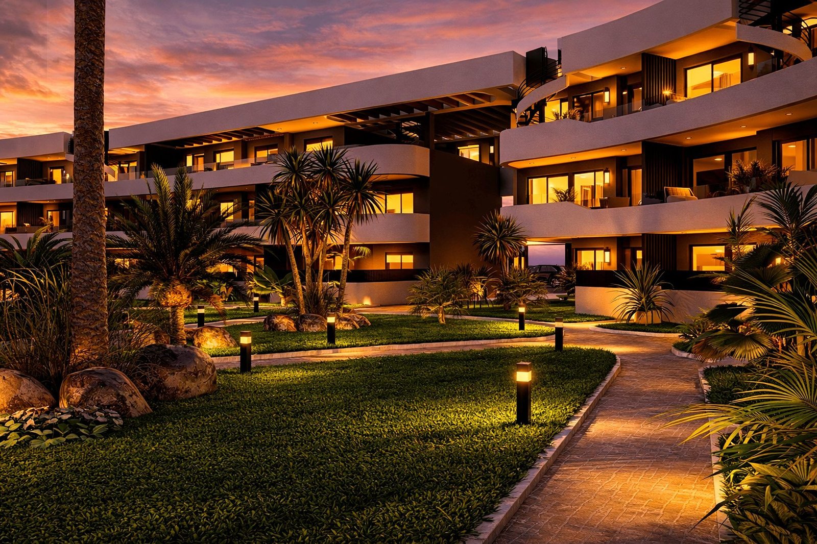 Verlichte nieuwbouwappartementen in Los Alcázares tijdens zonsondergang