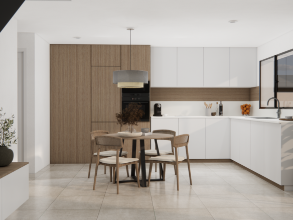 Lichte open keuken in de villa met witte kasten, houtaccenten en ronde eettafel voor vier personen.